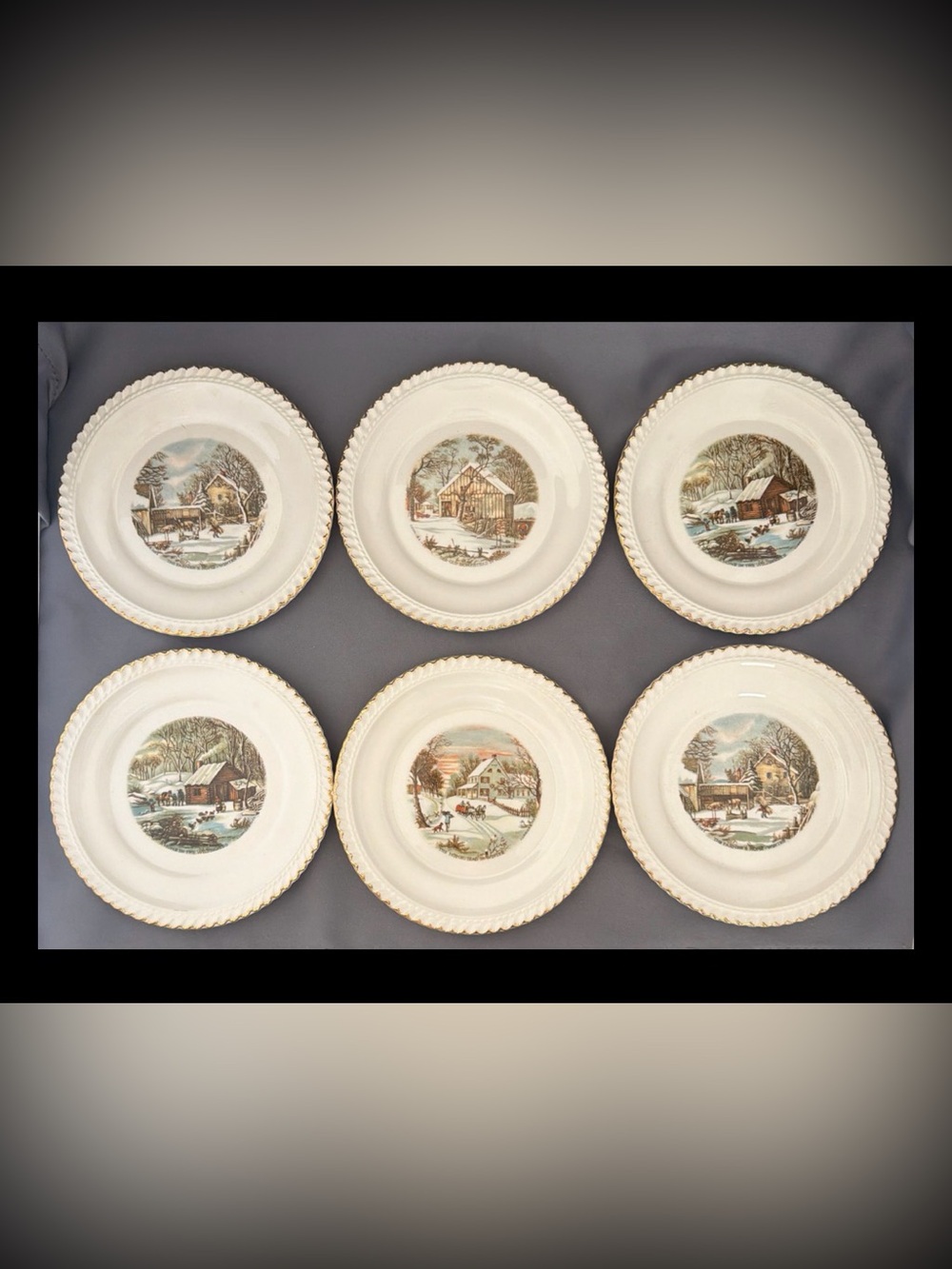 Vintage Harkerware Plates Country Set Of 6 Made In USA 6 1/4” Gold Trimmed EUC